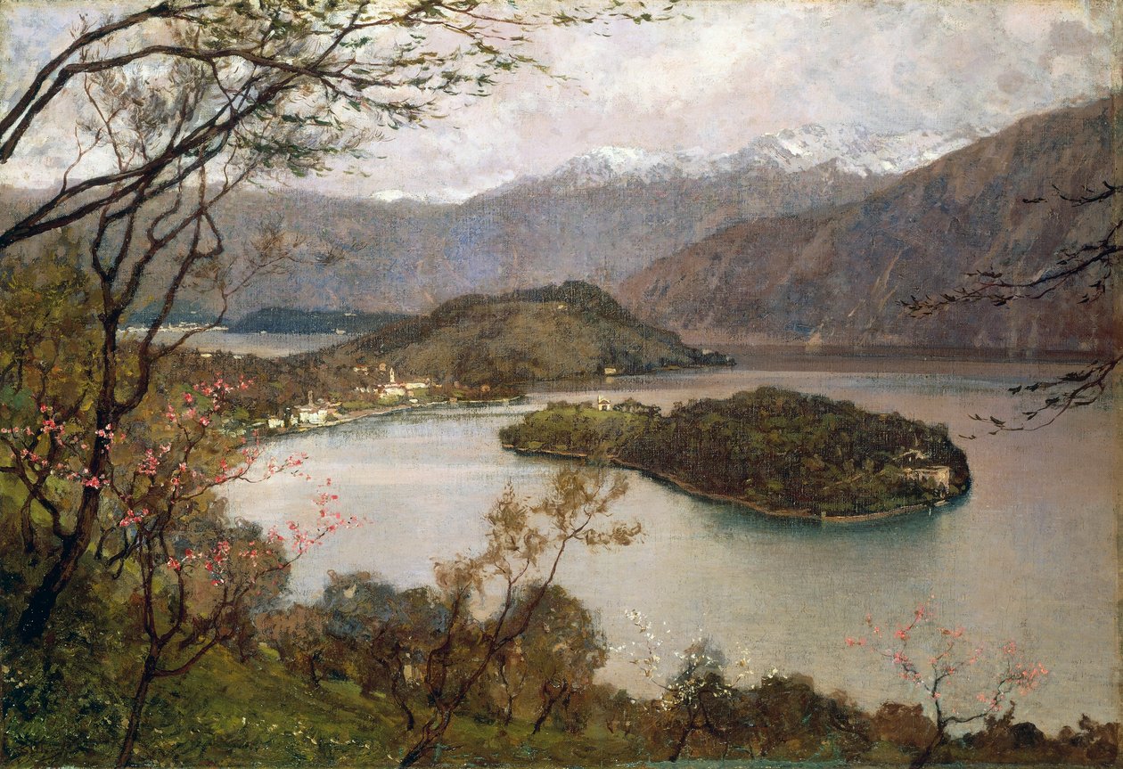 Näkymä Comacinan saarelle, Comojärvelle, Giorgio Belloni (1861-1944), öljy kankaalle, 69,5x100 cm tekijältä Giorgio Belloni