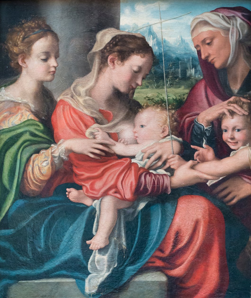 Madonna ruokkii lasta, nuori Johannes ja Maria Magdaleena ja Elisabet, noin 1530 (öljy kankaalle). tekijältä Giorgio Gandini del Grano