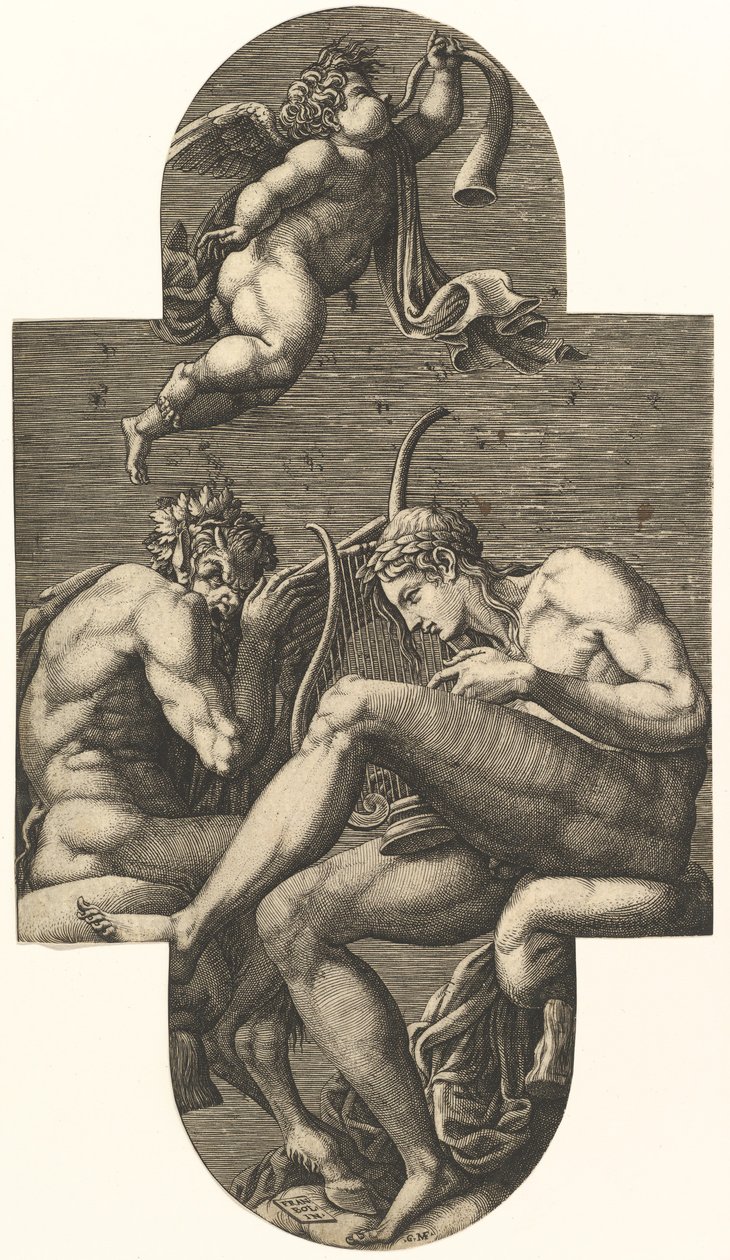 Apollo, Pan ja torvea puhaltava putto kahdeksan sävellyksen sarjasta Ranskan..., 1560-luvun jälkeen. tekijältä Giorgio Ghisi