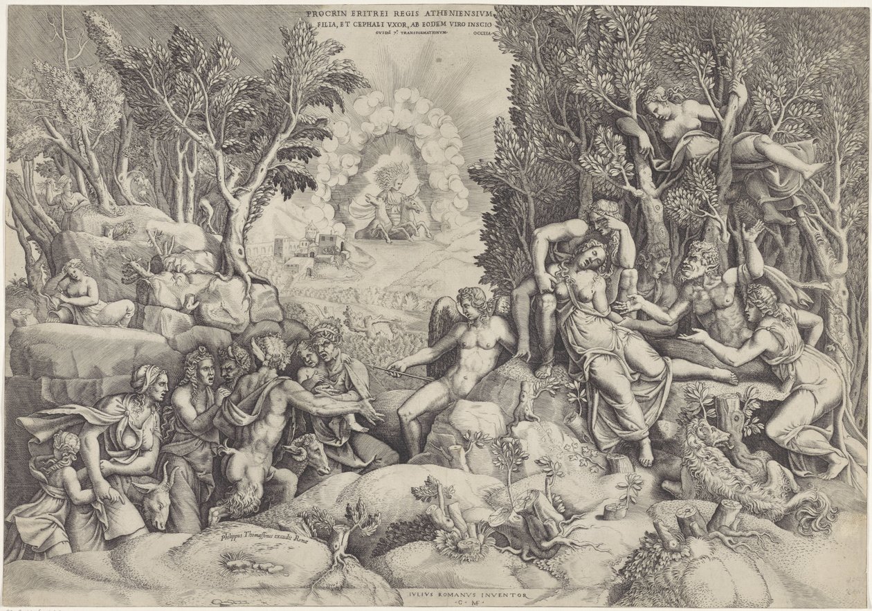 Cephalus en de Bosgoden beweenen de dood van Procris Ateenan kuninkaan Prokrinos / Kefaloksen tytär ja vaimo, saman aviomiehen toimesta tietämättään (otsikko esineessä) tekijältä Giorgio Ghisi