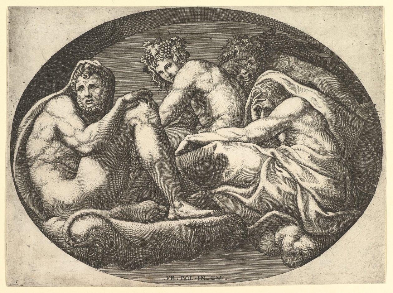 Hercules, Bacchus, Pan ja Saturnus, kahdeksan sävellyksen sarjasta Francesco P..., 1560-luvulla. tekijältä Giorgio Ghisi