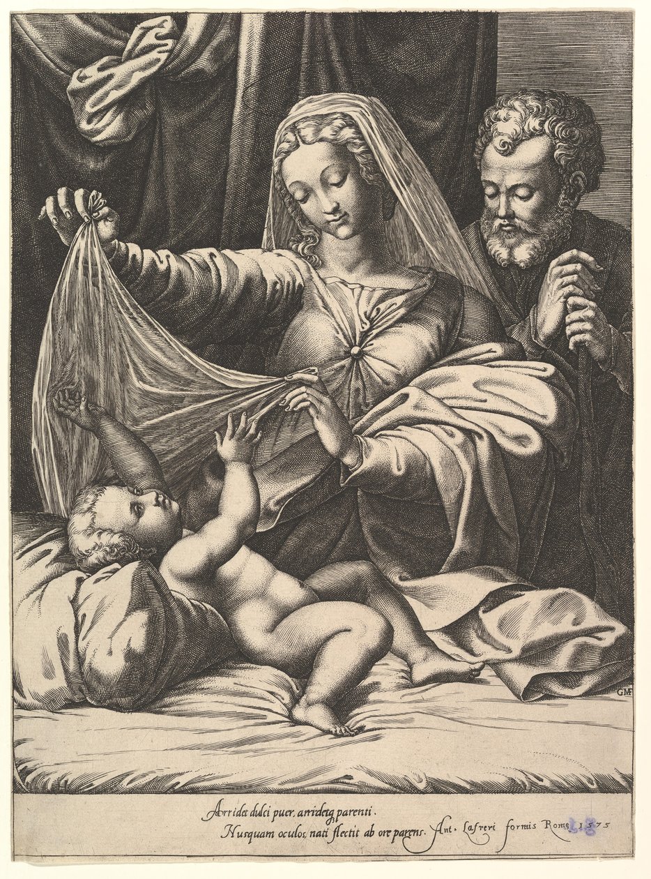 Madonna Loretolainen, Neitsyt nostaa verhon Lapsen päälle, joka makaa sängyllä ja tyynyllä..., 1575. tekijältä Giorgio Ghisi