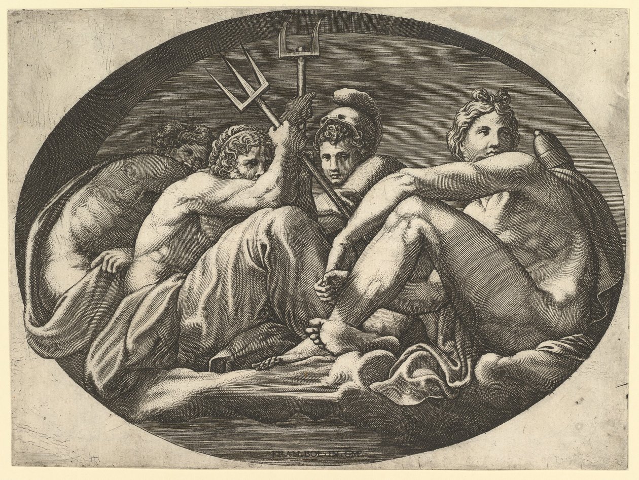 Pluto, Neptunus, Minerva ja Apollo, kahdeksan sävellyksen sarjasta Francesco P..., 1560-luvulta. tekijältä Giorgio Ghisi