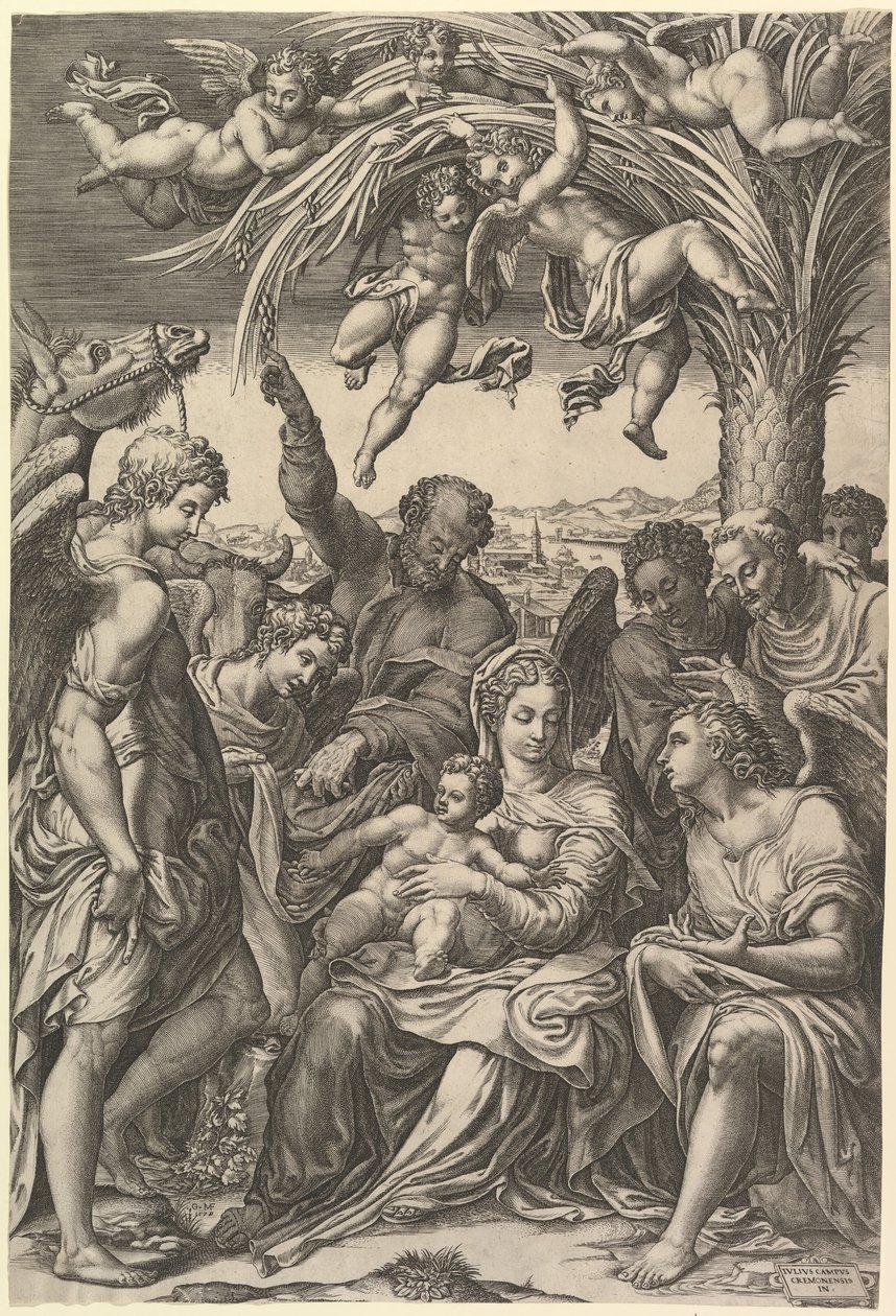 Lepää lennossa Egyptiin, pyhä perhe palmun alla enkelien ympäröimänä, laita..., 1578. tekijältä Giorgio Ghisi