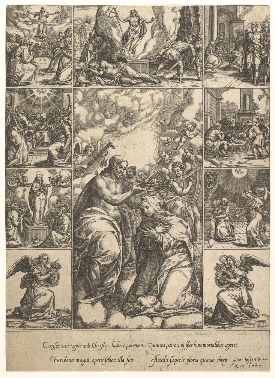 Neitsyen kruunaus, jota ympäröi yhdeksän vinjettiä, joissa on kohtauksia... elämästä, vuoteen 1575 mennessä. tekijältä Giorgio Ghisi