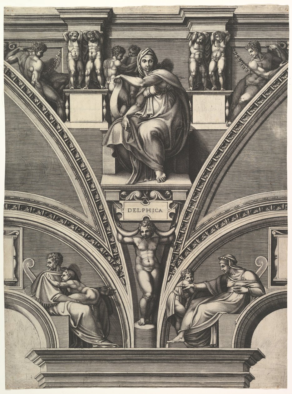 Delphic Sibyl, sarjasta Profeetat ja Sibylit Sikstuksen kappelissa, 1570-75. tekijältä Giorgio Ghisi