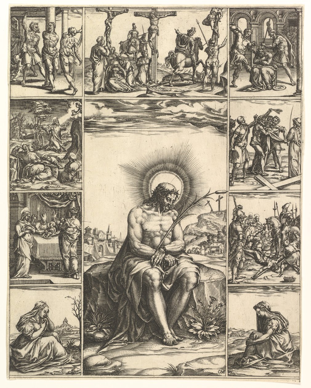 Surujen mies, Kristuksen kuva, jota ympäröi yhdeksän vinjettiä, jotka kuvaavat... kohtauksia, vuonna 1575. tekijältä Giorgio Ghisi