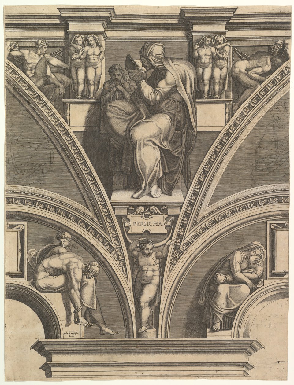 Persialainen sibyla, sarjasta Profeetat ja Sibylit Sikstuksen kappelissa, 1570-75. tekijältä Giorgio Ghisi