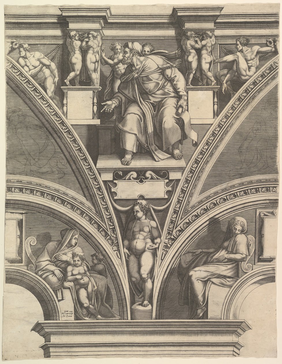 Profeetta Hesekiel, sarjasta Profeetat ja Sibylit Sikstuksen kappelissa, 1570-75. tekijältä Giorgio Ghisi