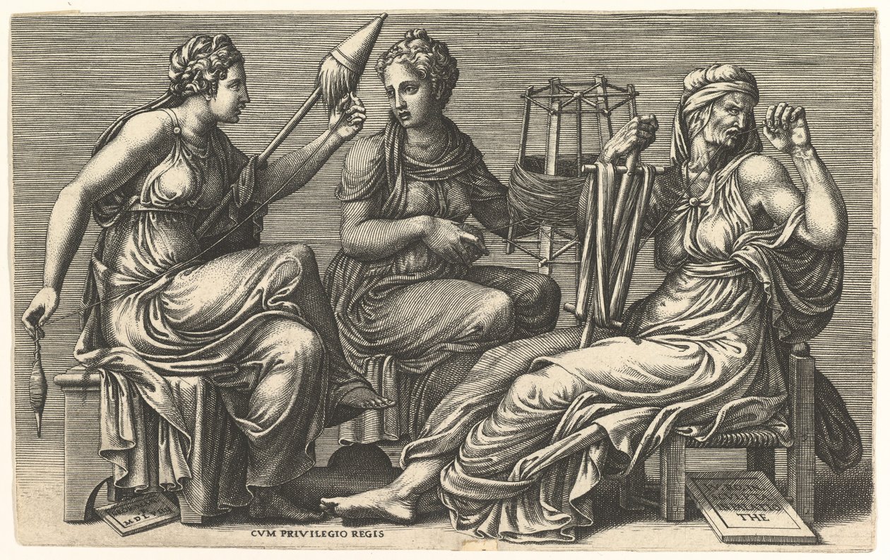 Kolme kohtaloa Clotho, Lachesis ja Atropos, 1558-59. tekijältä Giorgio Ghisi