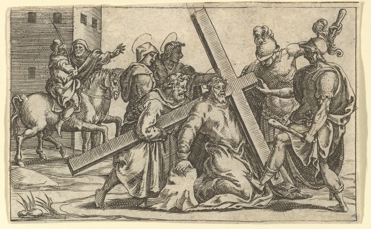 Surun neitsyt: Kristus kantaa ristiä, yksi yhdeksästä ympäröivästä osastosta f..., vuoteen 1575 mennessä. tekijältä Giorgio Ghisi