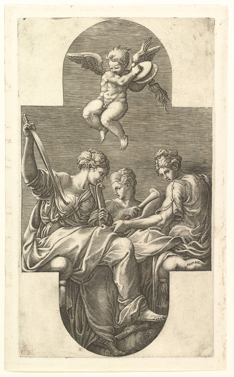 Kolme muusaa ja putto symbaaleilla, ristinmuotoinen sävellys kahdeksan sarjasta, 1560-luvulta. tekijältä Giorgio Ghisi