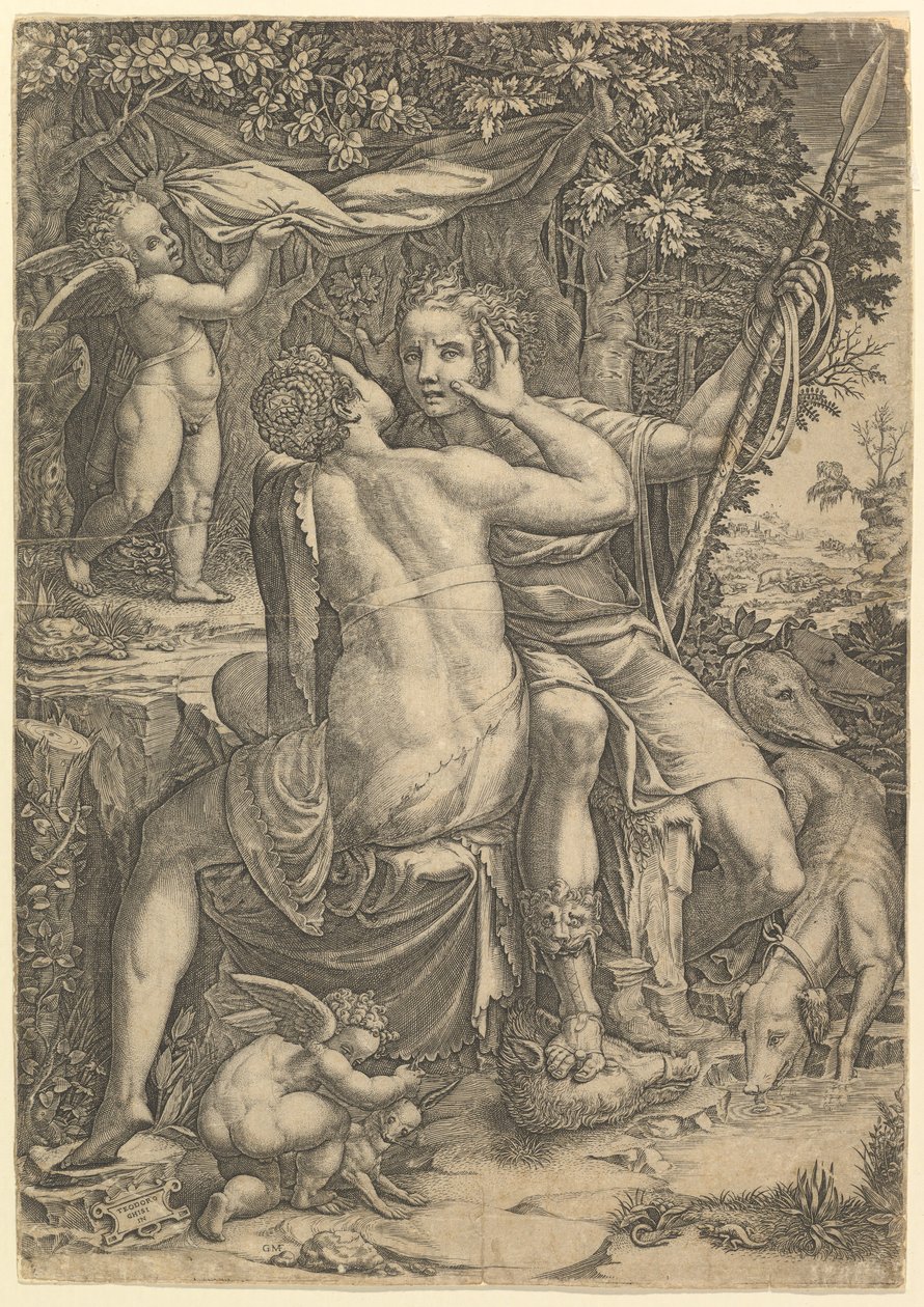 Venus ja Adonis, n. 1570. tekijältä Giorgio Ghisi