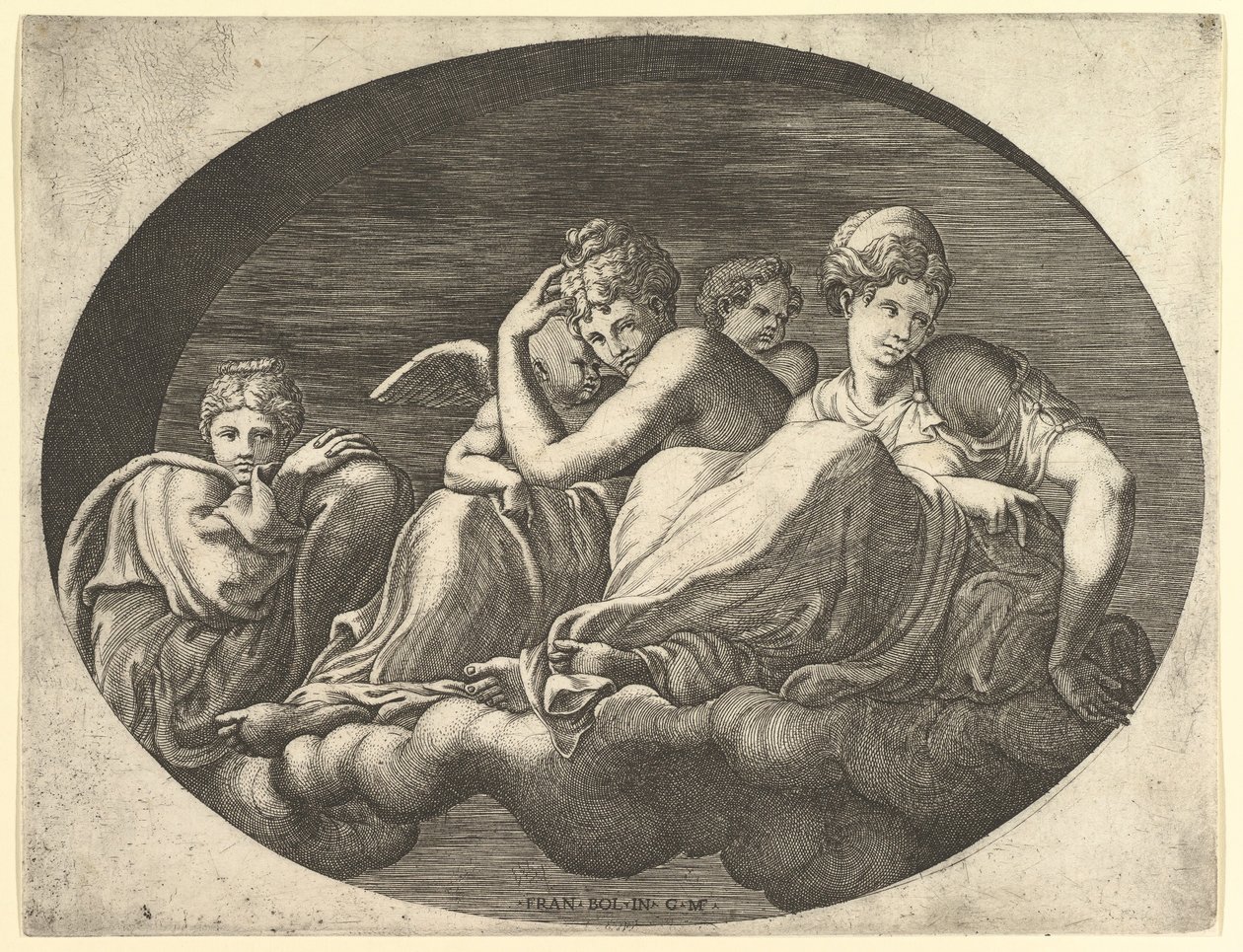 Venus ja Cupid, kaksi muuta jumalatarta ja putto, kahdeksan sävellyksen sarjasta 1560-luvulta. tekijältä Giorgio Ghisi