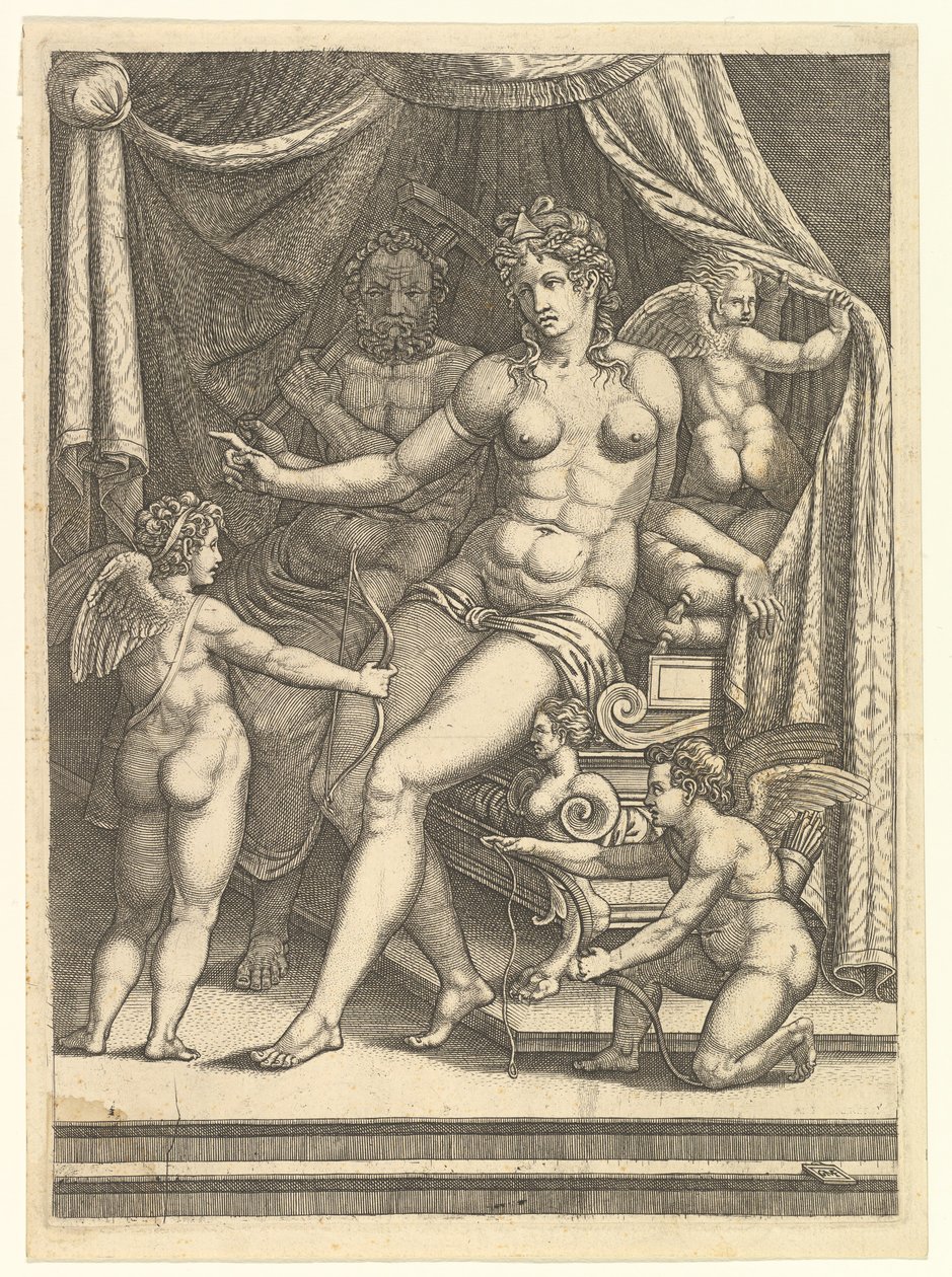 Venus ja vulkaani istuvat sängyllä ja kolme puttia, 1550-luvun puoliväli. tekijältä Giorgio Ghisi