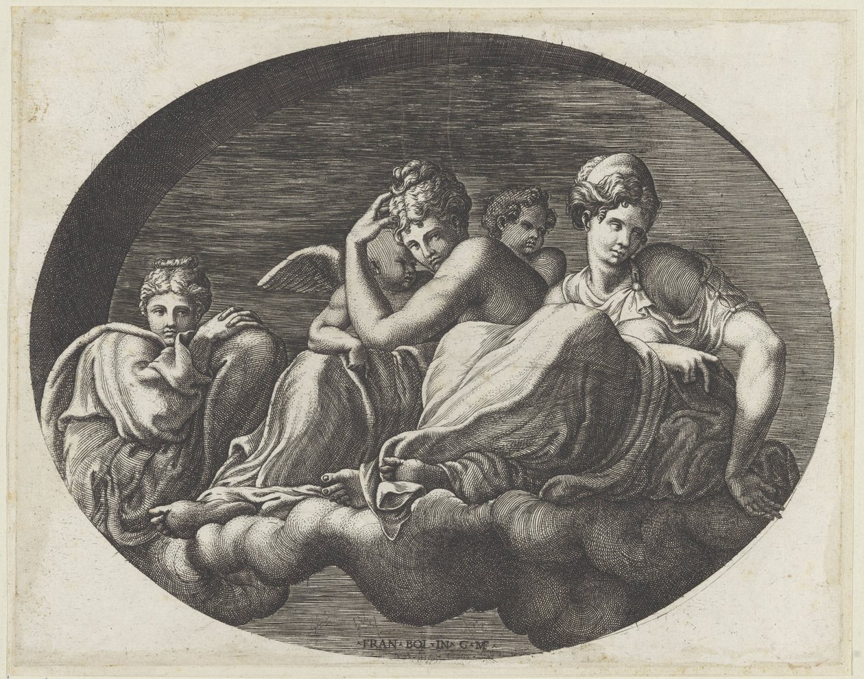 Venus, kaksi jumalatarta ja kaksi puttia Ovaaleja kattomaalauksia Fontainebleaun Galerie d