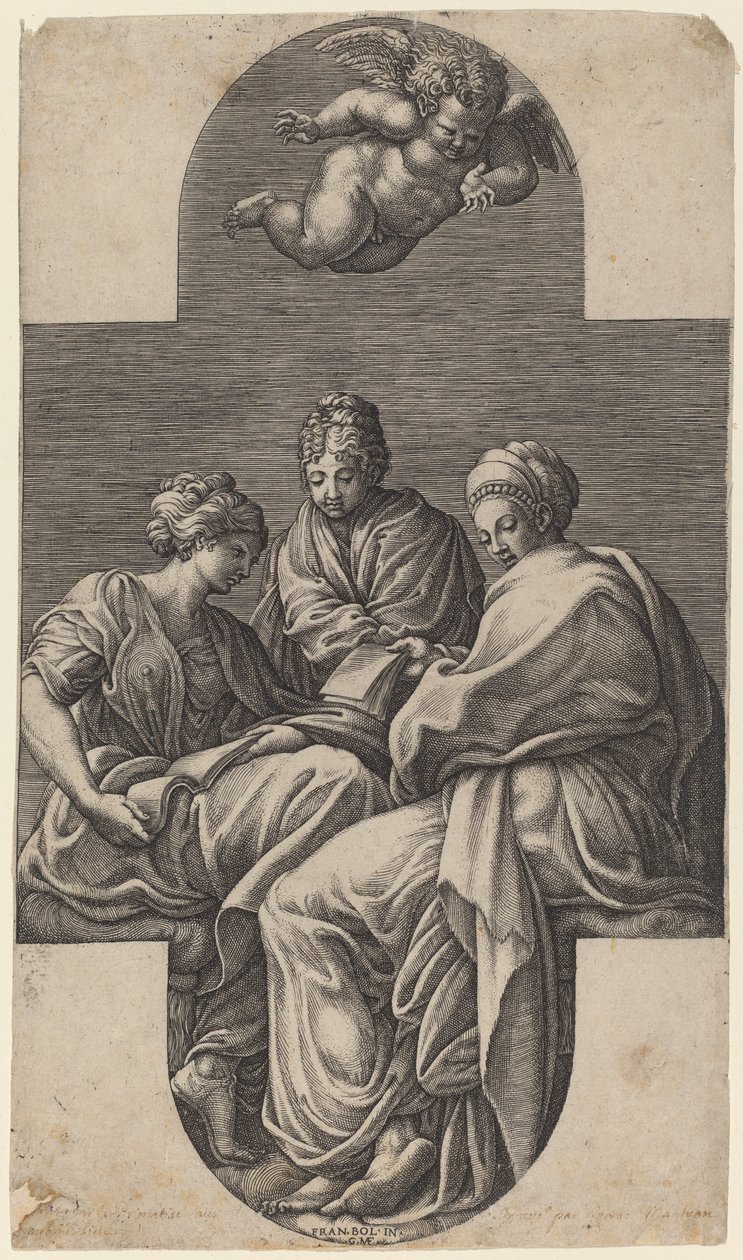 Kolme muusaa ja elehtivä putto tekijältä Giorgio Ghisi after Francesco Primaticcio