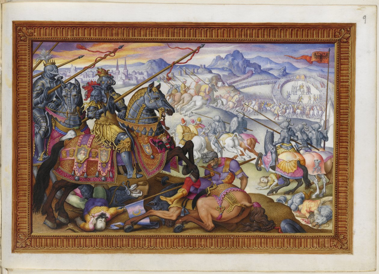 Lisää MS 33733 f.9 Suleiman ja hänen armeijansa, joka ajettiin Wienin piirityksestä tekijältä Giorgio Giulio (attr. to) Clovio
