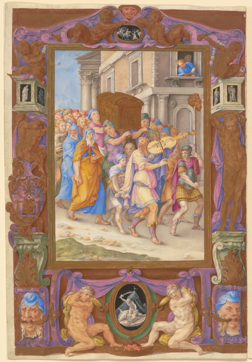 Kuningas Daavid tanssii liitonarkin edessä, koristekehyksessä, n. 1540 (akvarelli ja vartaloväri pergamentilla) tekijältä Giorgio Giulio Clovio