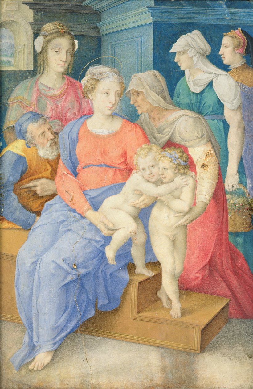 Pyhä perhe Pyhän Elisabetin, Pyhän Johannes Kastajan ja kolmen aatelisnaisen kanssa, n. 1557 tekijältä Giorgio Giulio Clovio