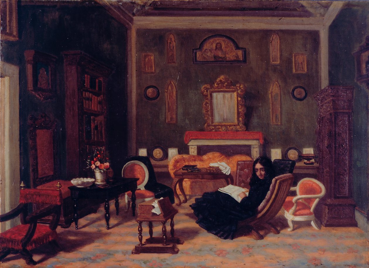 Elizabeth Barret Browning olohuoneen sisätiloissa Guidin talossa Firenzessä, noin 1880 (öljy kankaalle). tekijältä Giorgio Mignaty