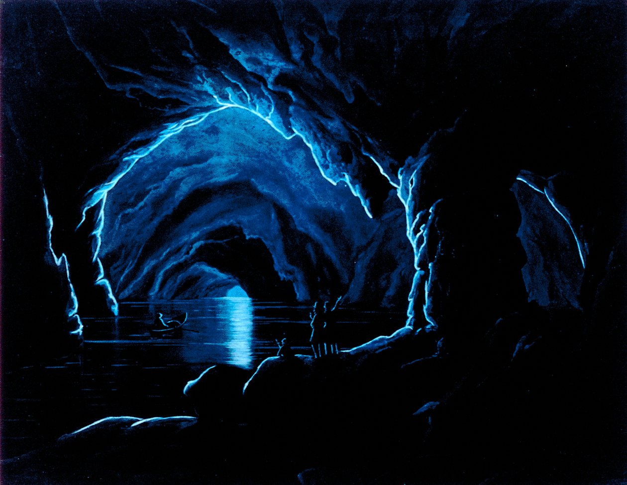 Jäljennös kaiverruksesta Blue Grotto Caprin saarella. Luolan sisällä kolme miestä reunuksen reunalla tervehtii neljättä miestä, joka tulee ulos luolista veneensä kanssa. Hän on pr tekijältä Giorgio Sommer