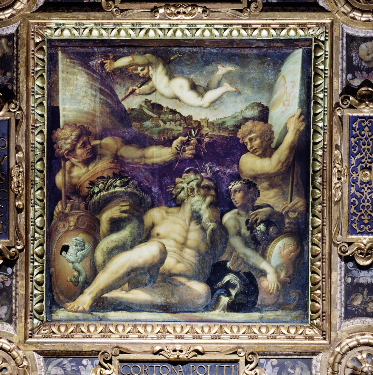 Cortonan ja Montepulcianon alueiden allegoria Salone dei Cinquecenton katosta, 1565 (paneeli) tekijältä Giorgio Vasari