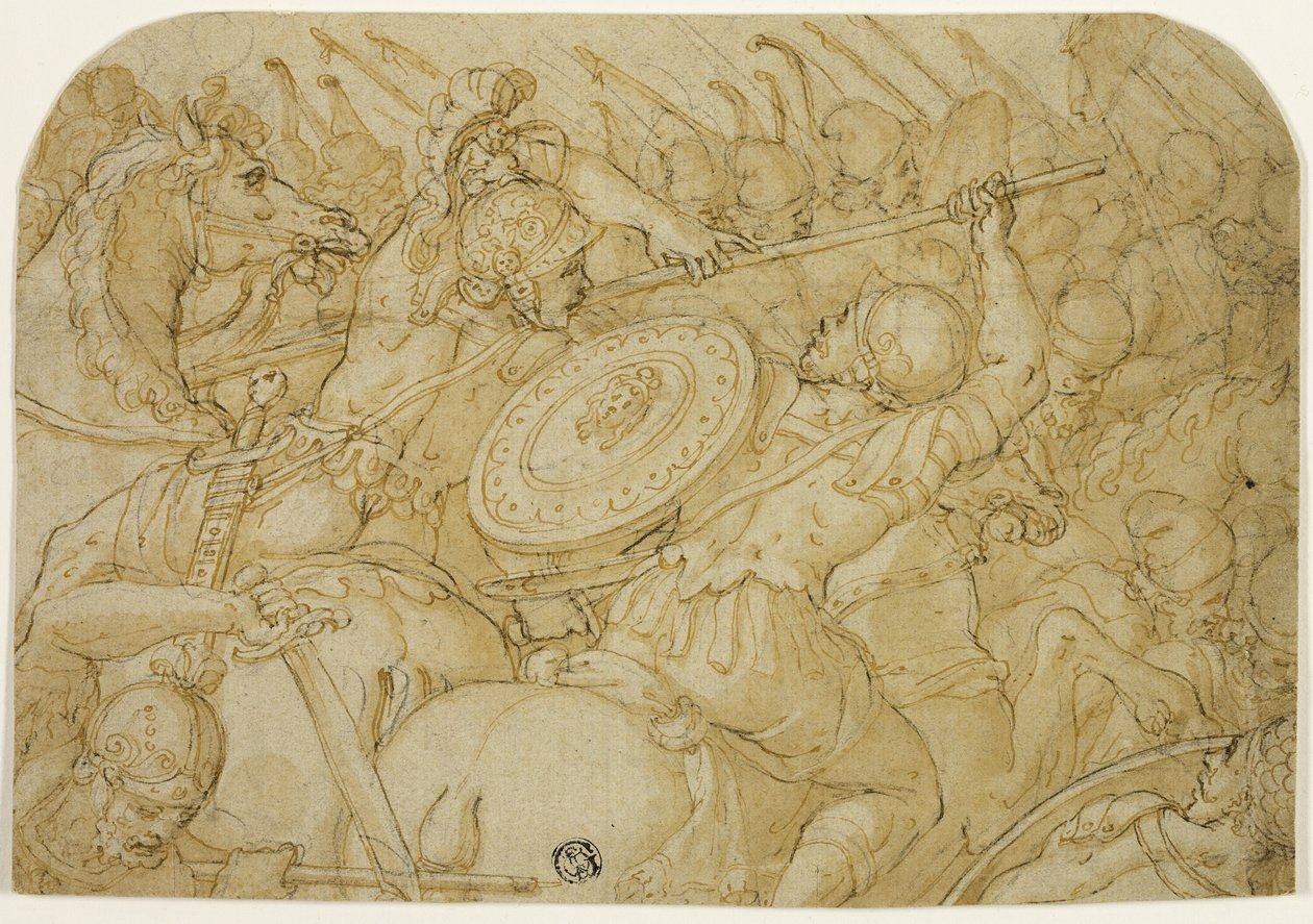 ratsuväen taistelu (recto); Arkkitehtoninen luonnos (käänteinen) tekijältä Giorgio Vasari