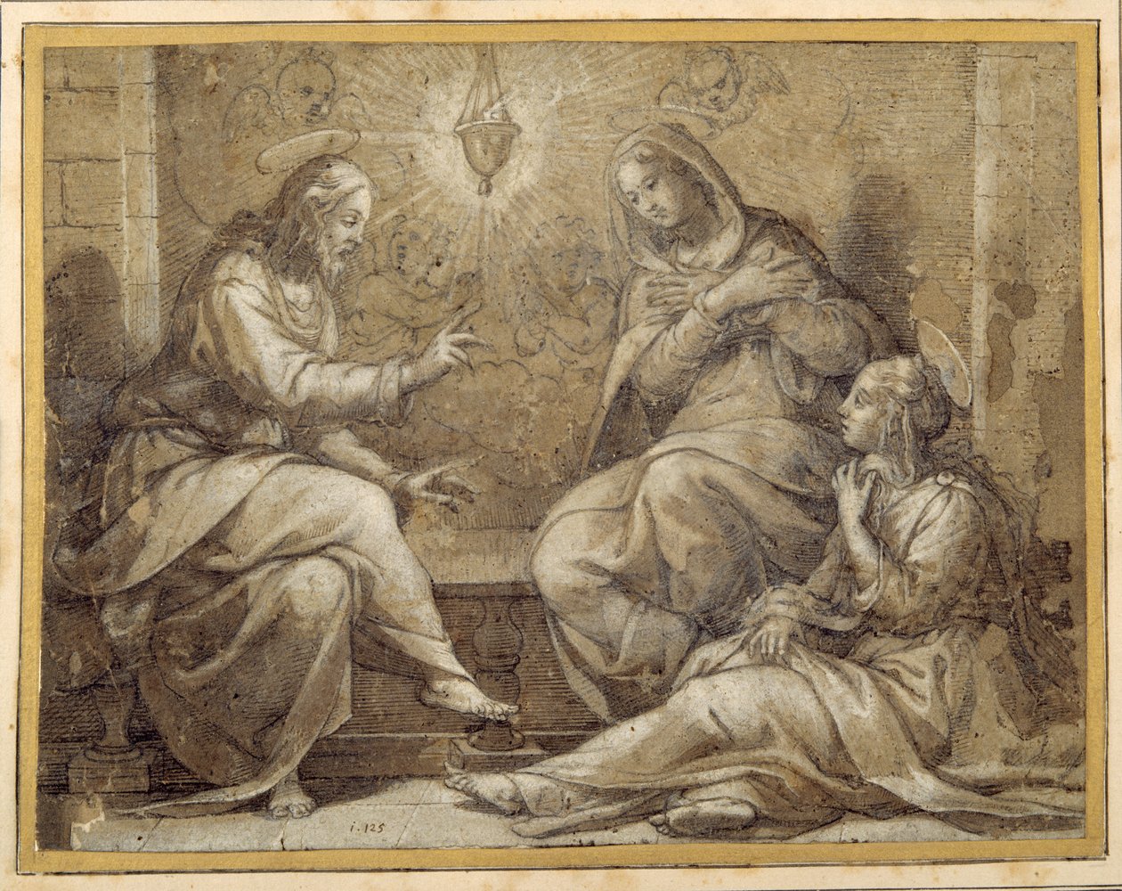 Kristus Martan ja Marian talossa (kynä ja muste pesuaineella ja guassilla, liidun päällä, paperilla) tekijältä Giorgio Vasari