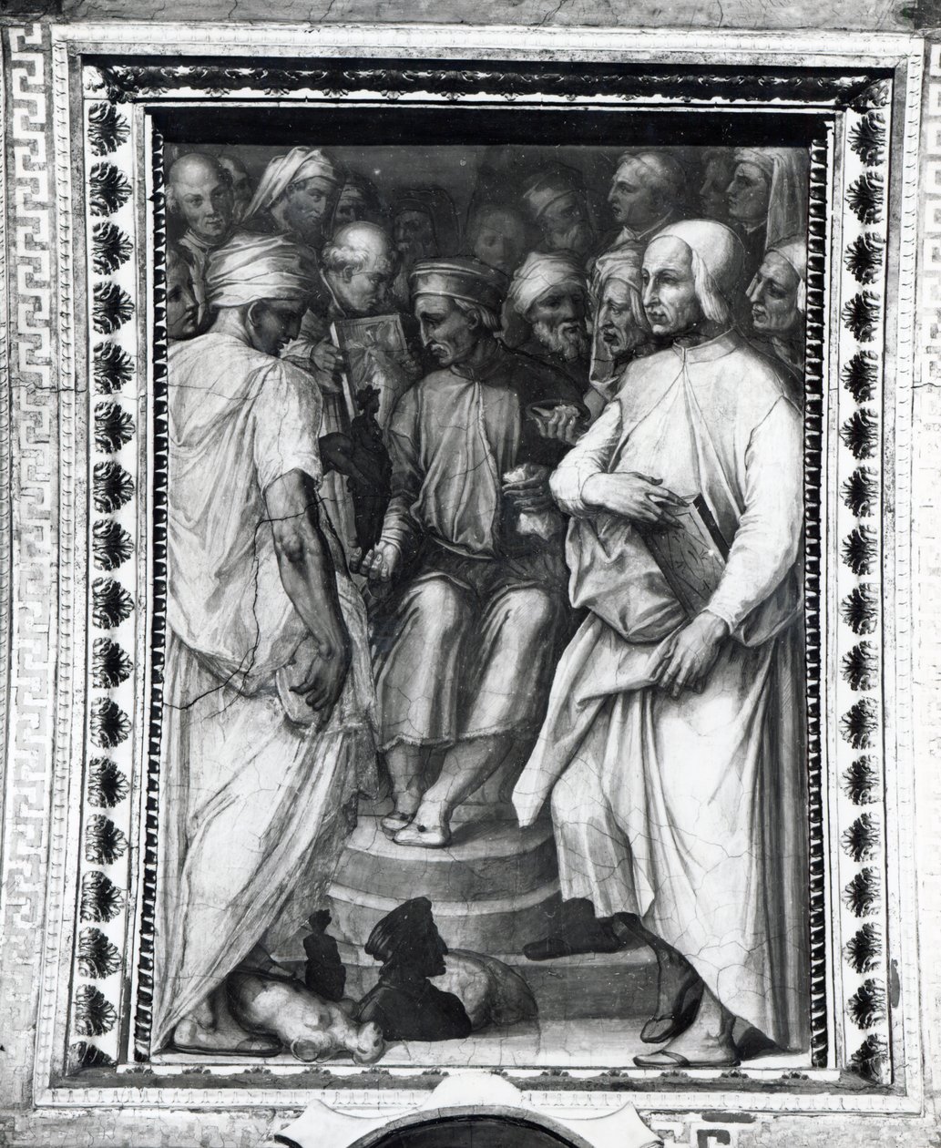 Cosimo de Medici istuu filosofien ja taiteilijoiden keskuudessa Sala di Cosimo il Vecchiossa tekijältä Giorgio Vasari