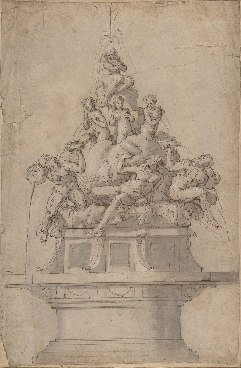 Suunnitelma suihkulähteelle jokijumalien ja nymfien kanssa., 1511-74. tekijältä Giorgio Vasari