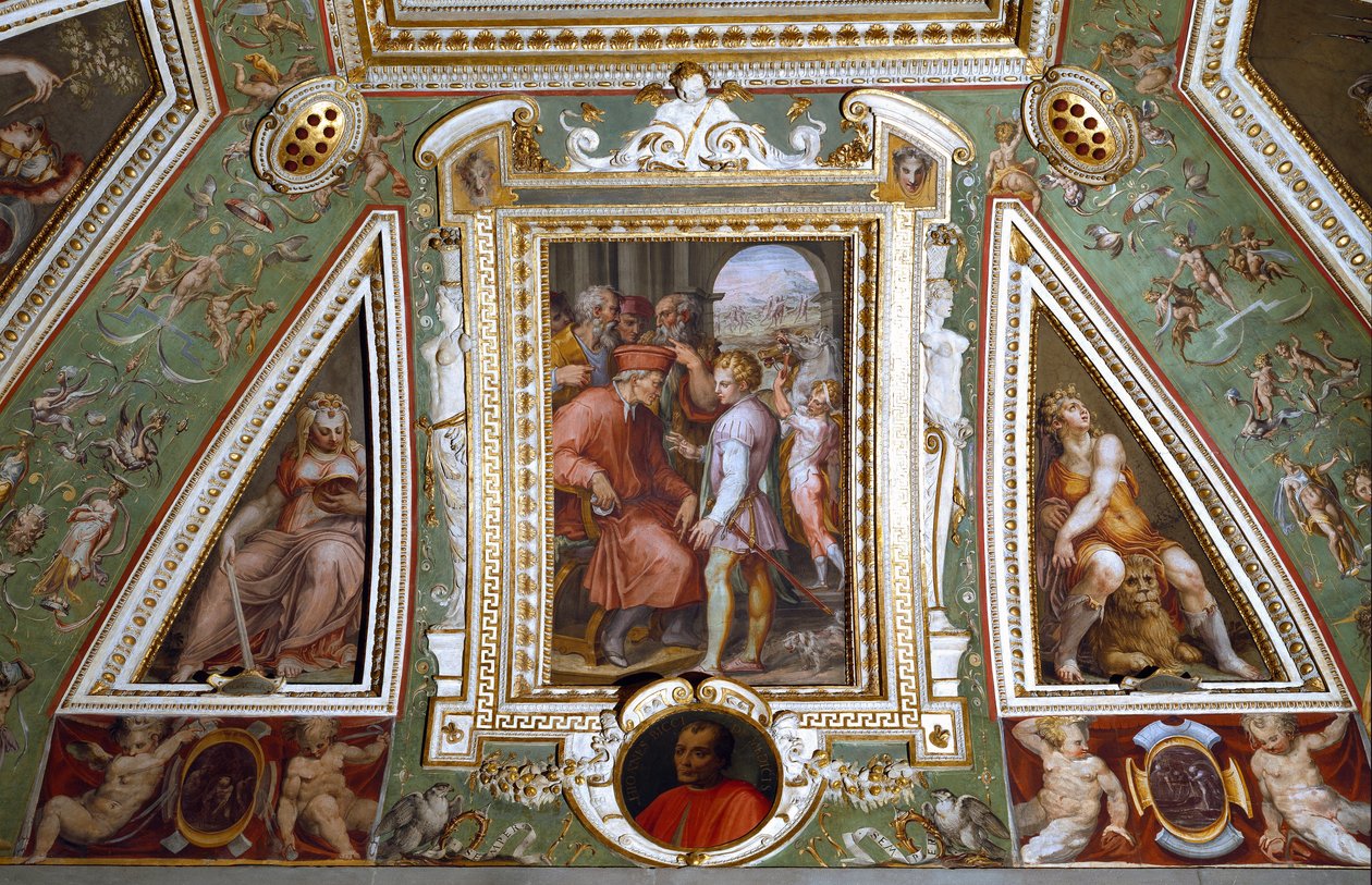 Yksityiskohta Cosimo de Mediciksen huoneesta, joka edustaa itseään Bolognan kaupungin kuvernöörin Sante Bentivoglion kanssa (fresko). tekijältä Giorgio Vasari