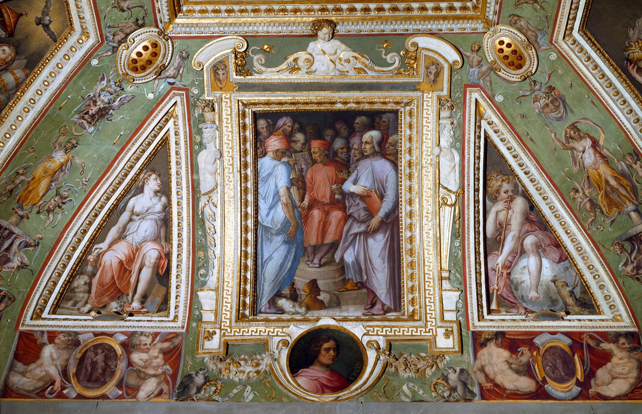 Yksityiskohta Cosimo de Mediciksen huoneesta, joka edustaa itseään taiteilijoiden ja intellektuellien kanssa (fresko tekijältä Giorgio Vasari