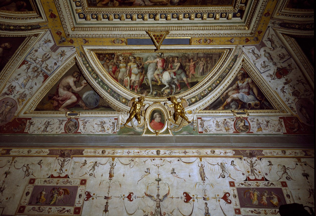 Yksityiskohta Lorenzo il Magnificon huoneesta, joka edustaa Sarzanan taistelua (fresko tekijältä Giorgio Vasari