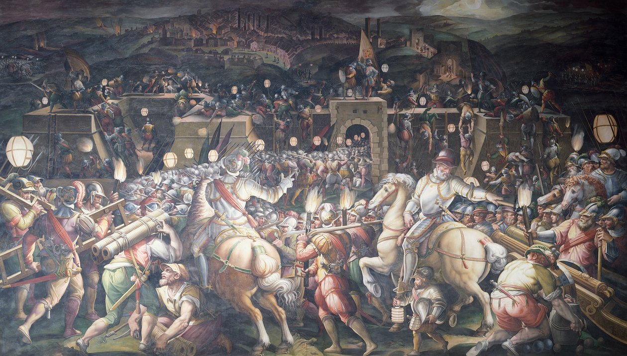 Italia, Firenze, Palazzo Vecchio (Vanha palatsi), Salone dei Cinquecento, Linnoituksen valtaus lähellä Port Camolliaa Sienassa tekijältä Giorgio Vasari