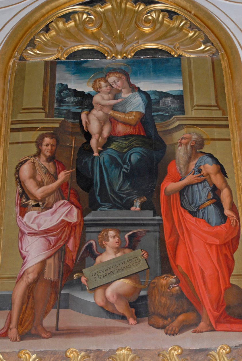 Madonna ja lapsi Pyhän Johannes Kastajan ja Pyhän Hieromuksen välillä, Giorgio Vasarin maalaus, kirkko Camaldolin luostarissa, Camaldoli, Toscana, Italia tekijältä Giorgio Vasari