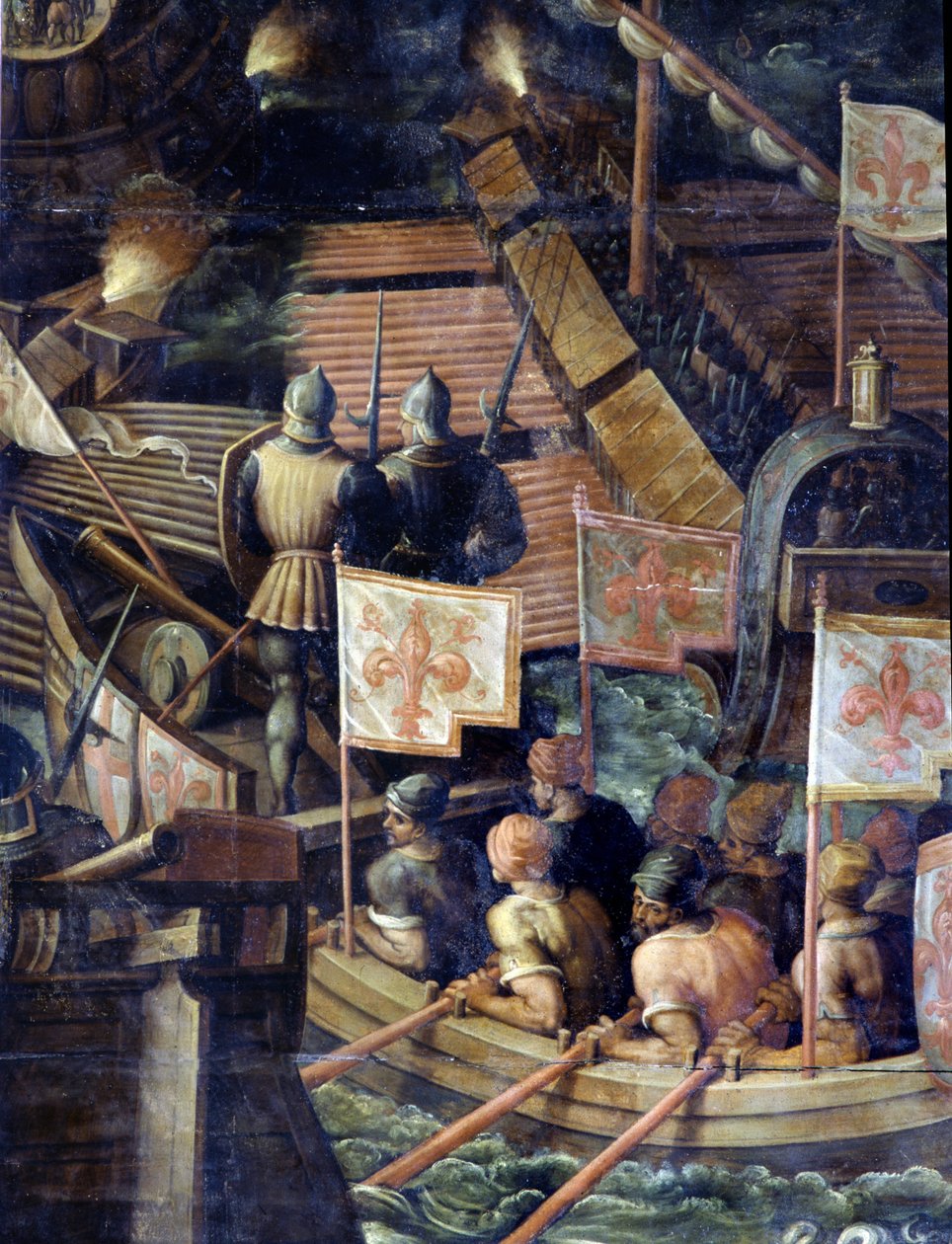 Firenzen ja Pisan välinen meritaistelu. Yksityiskohta. Cinquecento-olohuoneen katto. Giorgio Vasarin (1511-1574) manieristinen maalaus vuodelta 1565. Palazzo Vecchio (Palazzo della Signoria) Firenze 1097.1 tekijältä Giorgio Vasari