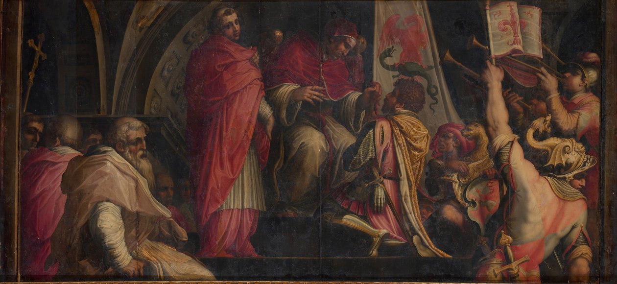 Paavi Klemens IV ojentaa tunnusmerkkinsä guelfipuolueen kapteeneille 1563-1565 tekijältä Giorgio Vasari