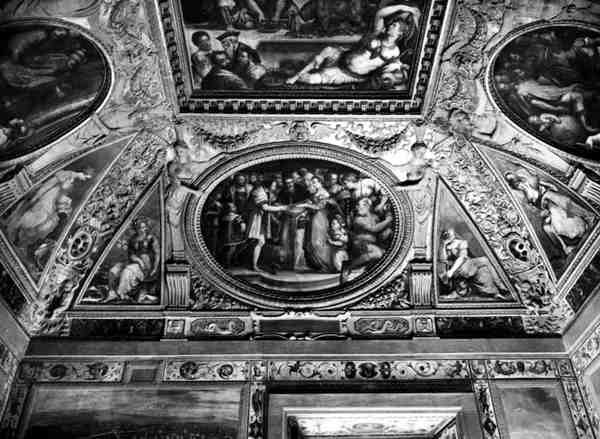 Paavi Klemens VII (1478-1534) nai Katariina de Medicin (1519-1589) ja Ranskan Henrik II:n (1519-59), Sala di Clemente VII:stä. tekijältä Giorgio Vasari