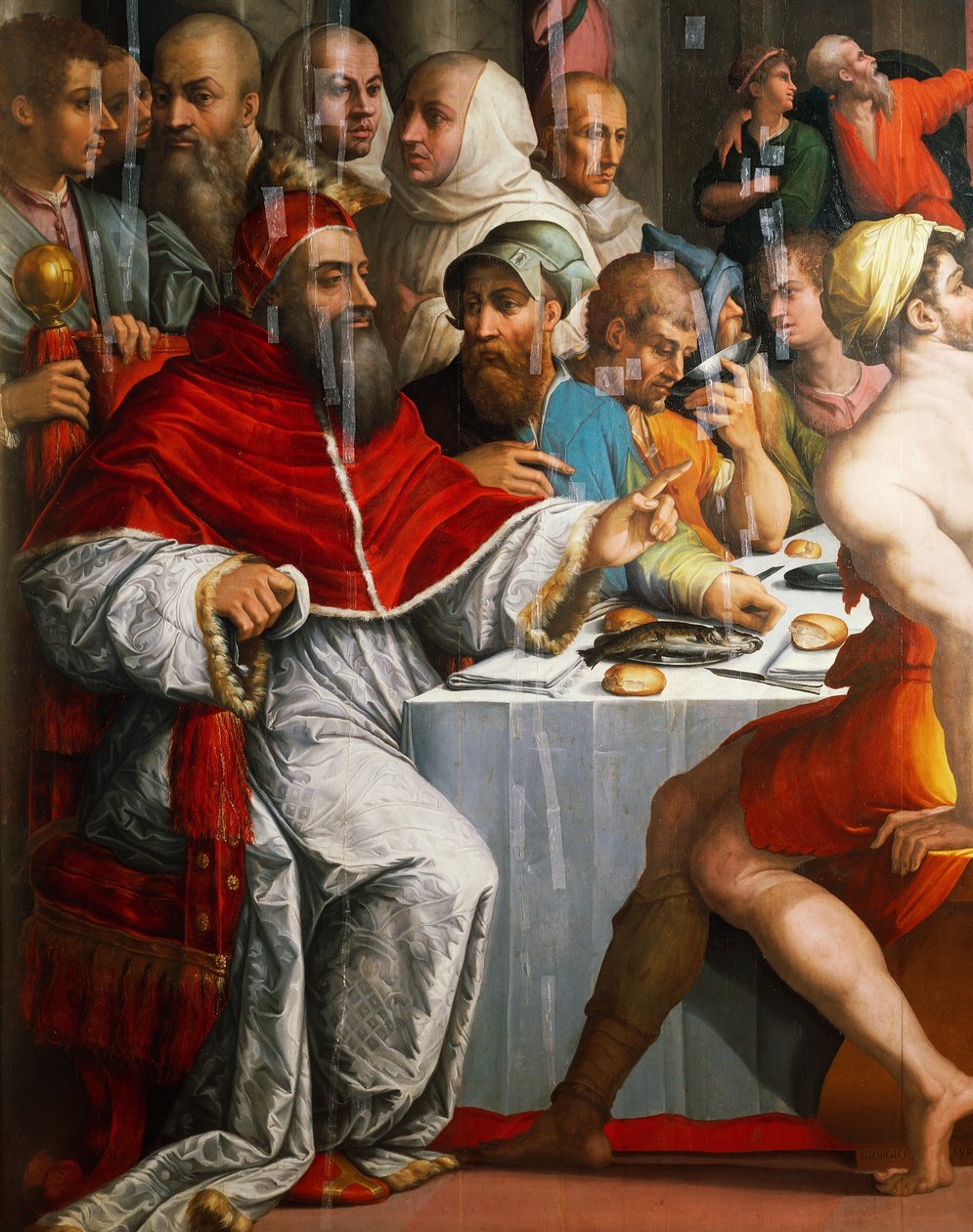 Paavi Clement VII San Gregorion varjossa, yksityiskohta St Gregory Greatin illallisesta tekijältä Giorgio Vasari