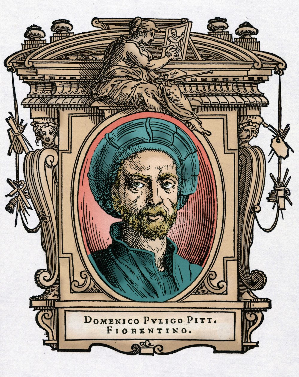 Muotokuva Domenico PULIGOsta [1492-1527] italialainen taidemaalari. Kaiverrus herkkusta "" Erinomaisimpien maalareiden, kuvanveistäjien ja arkkitehtien elämää" (Le Vite de