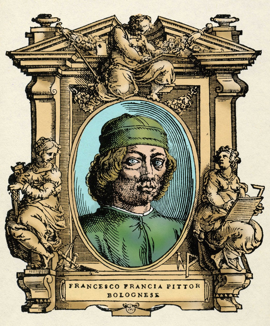 Italian taidemaalarin Francesco FRANCIA (1450-1517) muotokuva. Giorgio Vasarin kaiverrus tutkielmasta "" Erinomaisimpien maalareiden, kuvanveistäjien ja arkkitehtien elämä"" tekijältä Giorgio Vasari