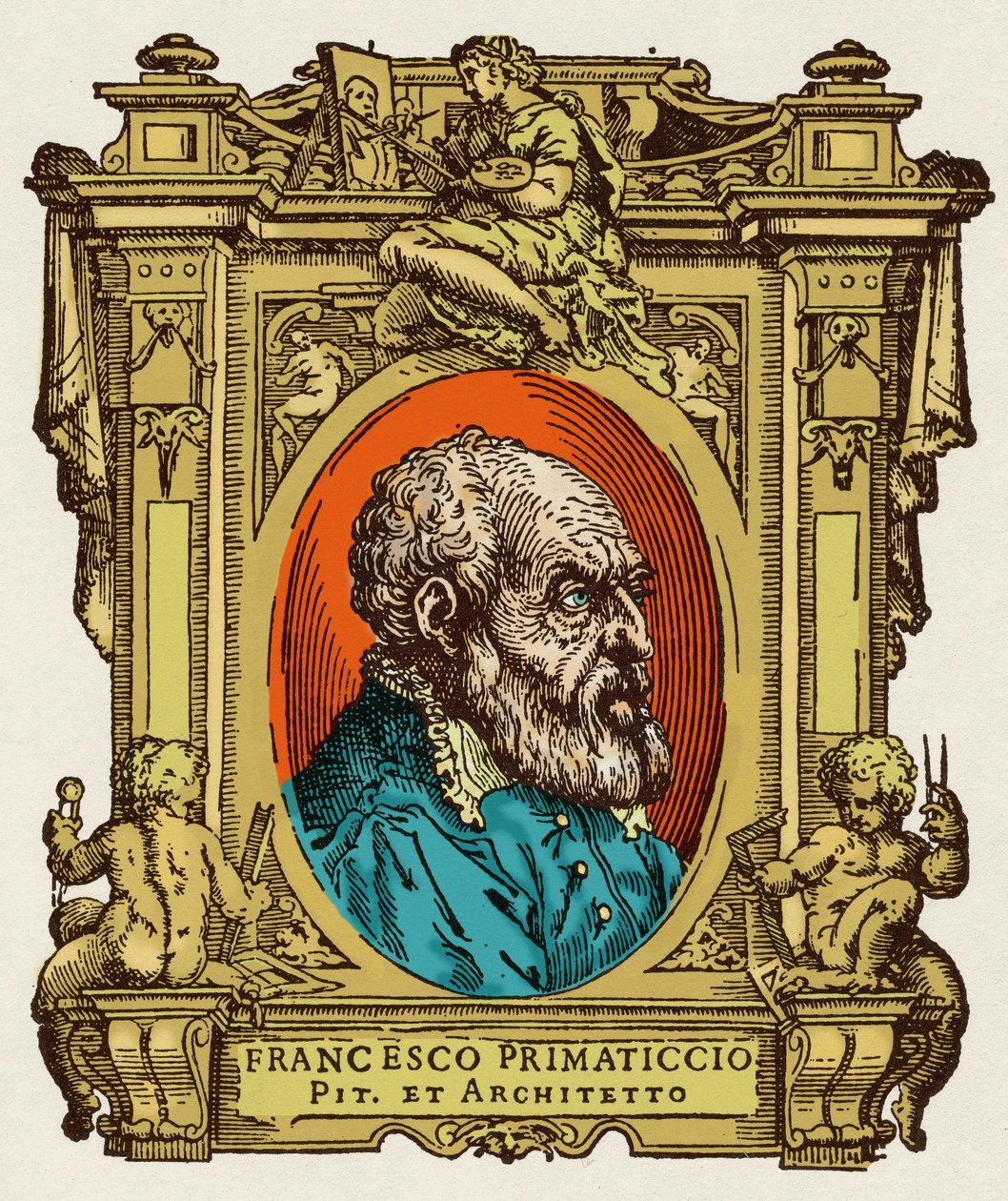 Muotokuva Francesco Primaticciosta, joka tunnetaan nimellä Primatice (1504-1570), taidemaalari, kuvanveistäjä ja arkkitehti. Hän oli Ecole de Fontainebleaun jäsen. Kaiverrus herkkusta "" Erinomaisimpien maalareiden, kuvanveistäjien ja arkkitehtien elämää"  tekijältä Giorgio Vasari