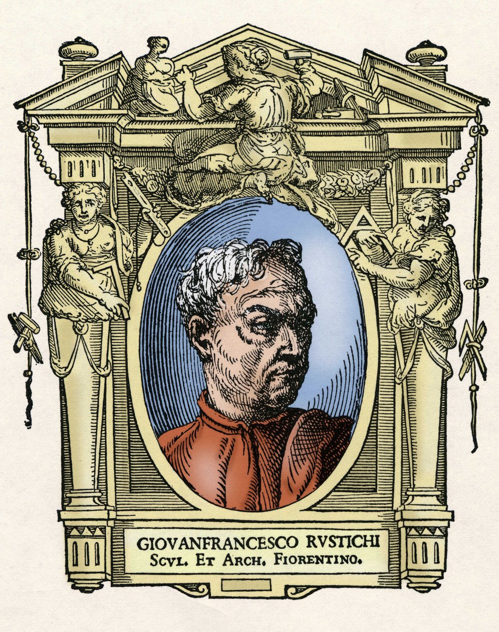 Muotokuva Giovan Francesco RUSTICI (1474 - 1554), italialainen kuvanveistäjä ja arkkitehti. Giorgio Vasarin kaiverrus herkkupalasta "" Erinomaisimpien maalareiden, kuvanveistäjien ja arkkitehtien elämää" (Le Vite de