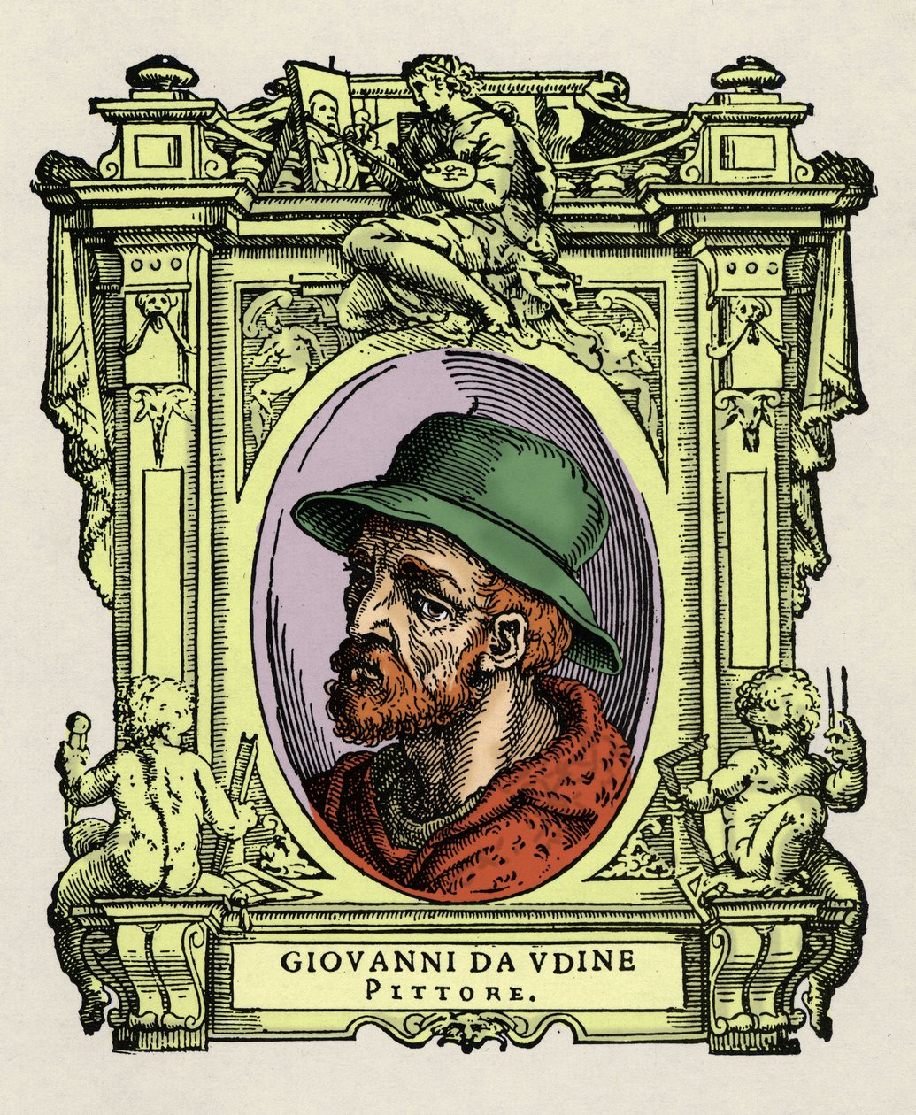 Muotokuva Giovanni da Udinen (Giovanni Nanni) (1487-1564). Italialainen taidemaalari ja arkkitehti. Kaiverrus herkkusta "" Erinomaisimpien maalareiden, kuvanveistäjien ja arkkitehtien elämät" (Erittävimpien maalareiden, kuvanveistäjien ja arkkitehtien eläm tekijältä Giorgio Vasari