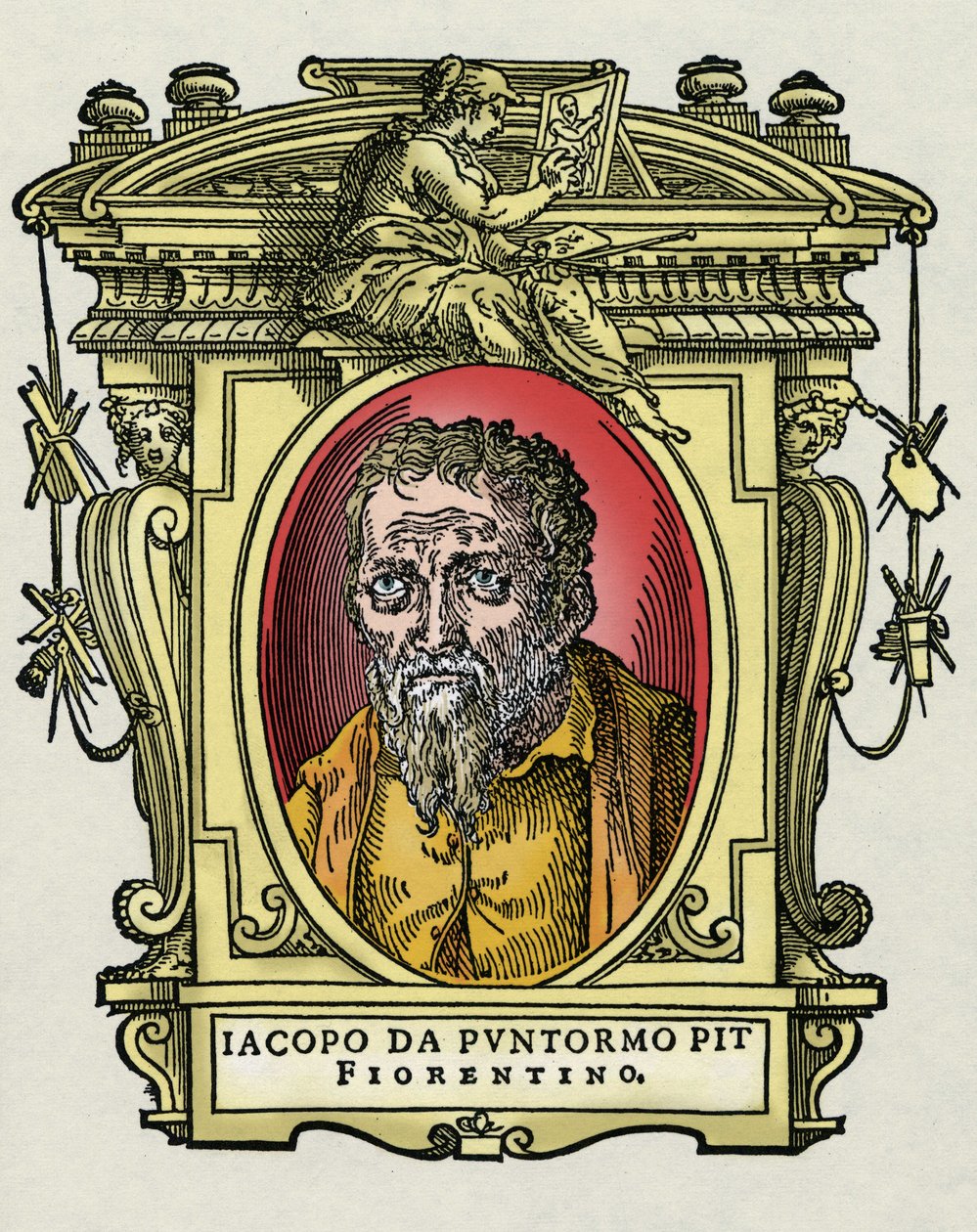 Jacopon (Iacopo) muotokuva Carrucci sanoi il Pontormo (Pontormo) (1494-1556) italialainen taidemaalari. Kaiverrus herkkusta "" Erinomaisimpien maalareiden, kuvanveistäjien ja arkkitehtien elämät" (Erittävimpien maalareiden, kuvanveistäjien ja arkkitehtien  tekijältä Giorgio Vasari