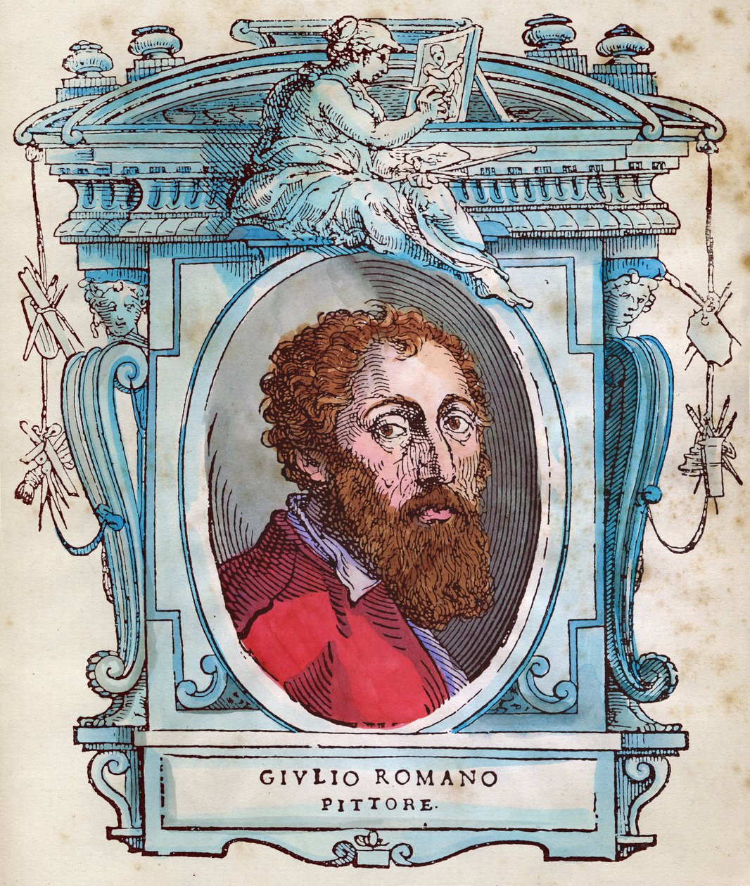 Jules Romainin muotokuva (Giulio di Pietro di Filippo, Gianuzzi, nimeltään Giulio Pippi, sitten Giulio Romano) (1499-1546) Ksylografia teoksesta "" Lives", kirjoittanut Giorgio Vasari 1568 tekijältä Giorgio Vasari