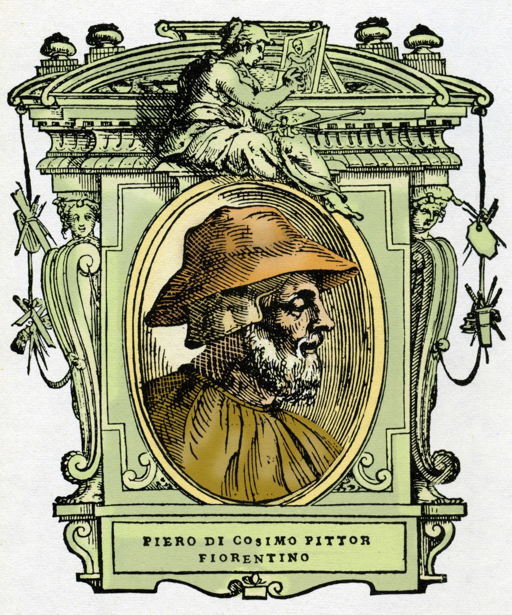 Piero di Cosimon (n. 1462-1521?), firenzeläisen taidemaalarin muotokuva. Kaiverrus herkkusta "" Erinomaisimpien maalareiden, kuvanveistäjien ja arkkitehtien elämät" (Erittävimpien maalareiden, kuvanveistäjien ja arkkitehtien elämät) Giorgio Vasari tekijältä Giorgio Vasari