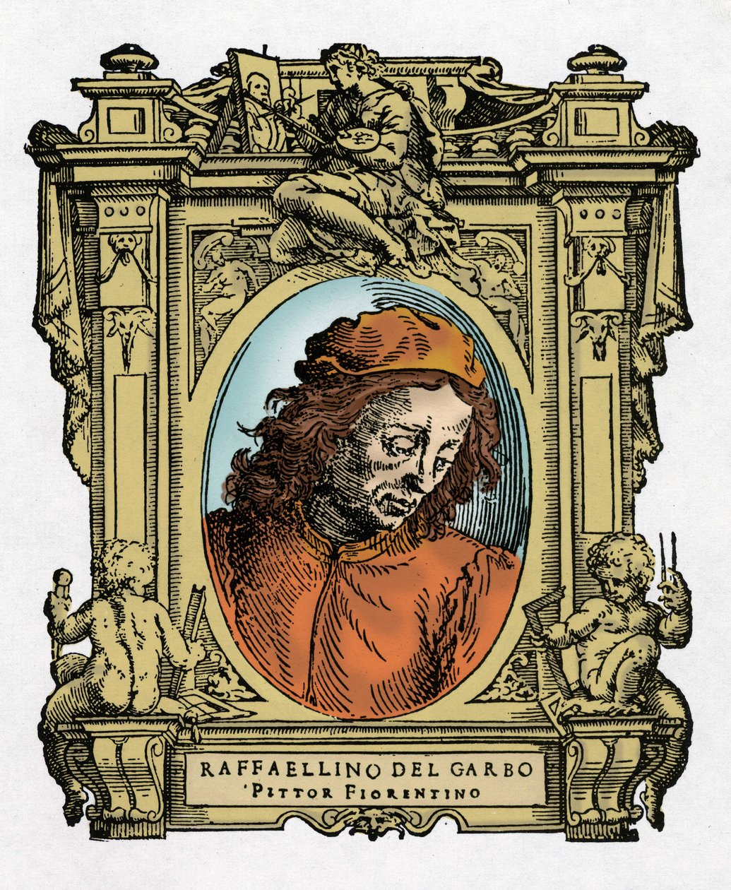 Muotokuva RAFFAELLINO DEL GARBOsta (Raffaellino de Carli) (1466-1525), italialainen taidemaalari. Giorgio Vasarin kaiverrus herkkupalasta "" Erinomaisimpien maalareiden, kuvanveistäjien ja arkkitehtien elämä"" tekijältä Giorgio Vasari