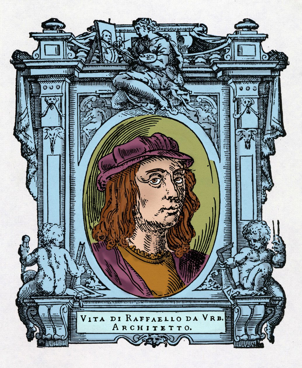 Muotokuva Rafaelista (Raffaello Sanzio 1483 - 1520) italialainen arkkitehti ja taidemaalari. Kaiverrus herkkusta "" Erinomaisimpien maalareiden, kuvanveistäjien ja arkkitehtien elämää" (Le Vite de